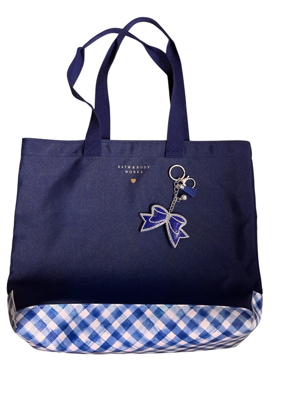 Bath & Body Works Navy Blue Tote with Blue Gingham Trim and Bow Charm